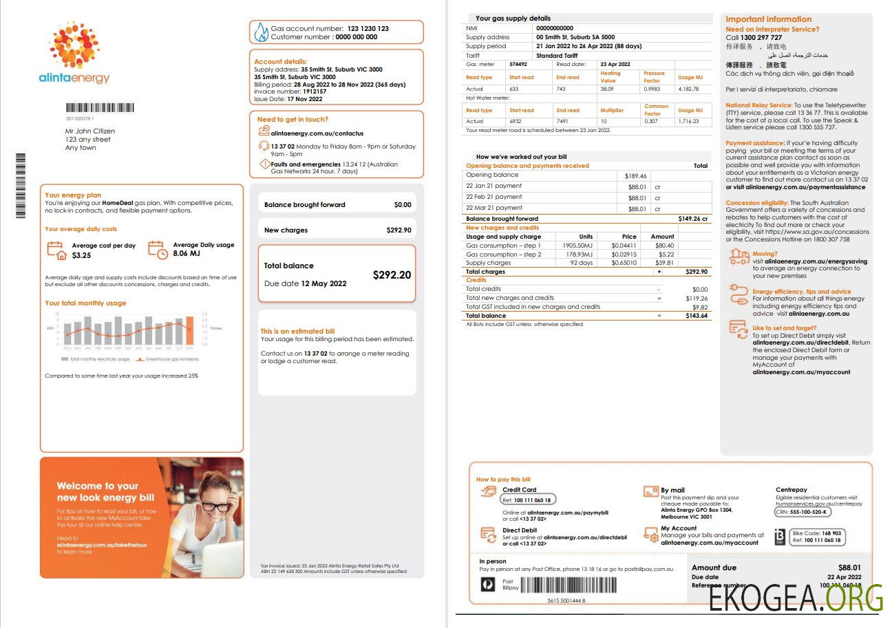 Australia Alinta Energy gas utility bill template in Word and PDF format, 2 pages